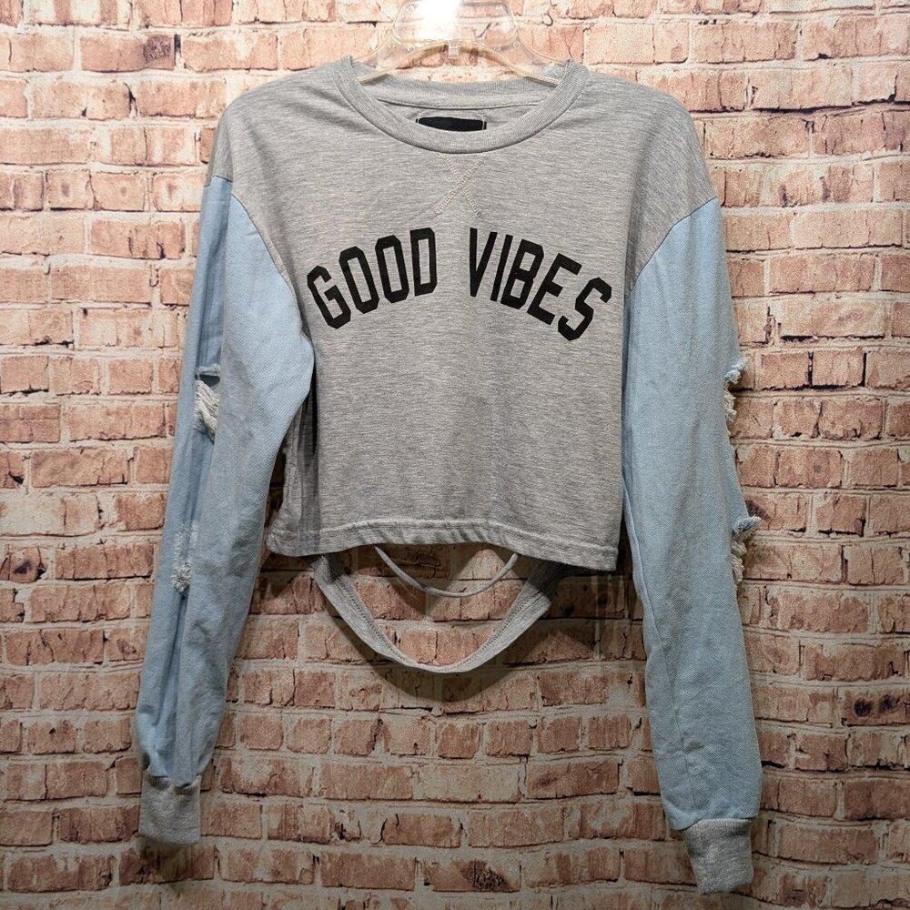 Thrill 94 Top Good Vibes Distressed Denim Sleeve Crop With Open Back Size Medium